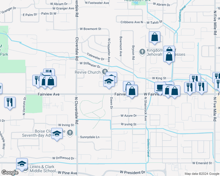map of restaurants, bars, coffee shops, grocery stores, and more near 11811 Clover Field Lane in Boise