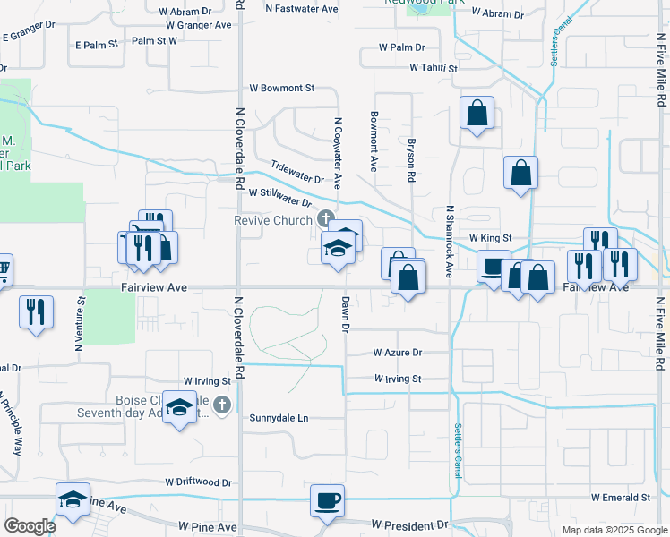map of restaurants, bars, coffee shops, grocery stores, and more near 11811 Clover Field Lane in Boise