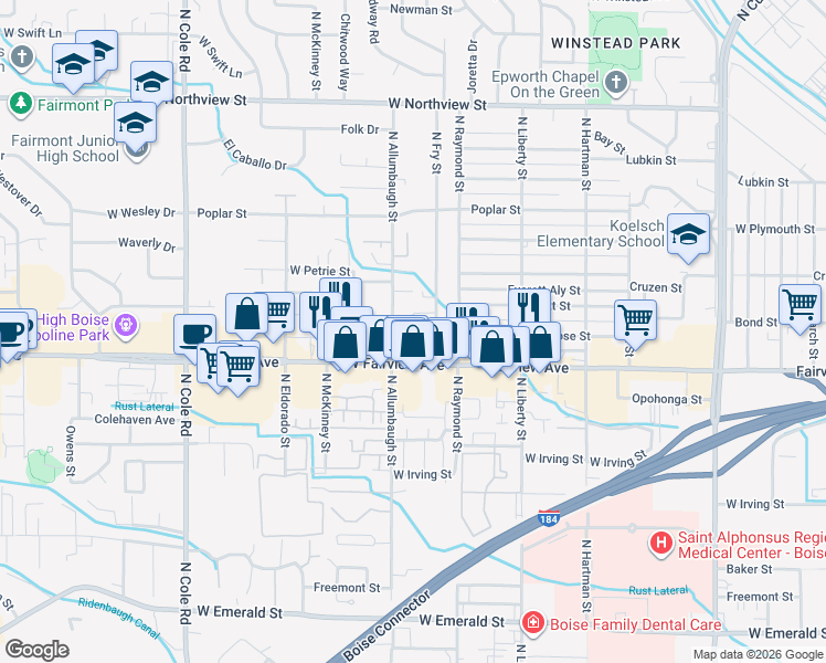 map of restaurants, bars, coffee shops, grocery stores, and more near 1623 North Fry Street in Boise