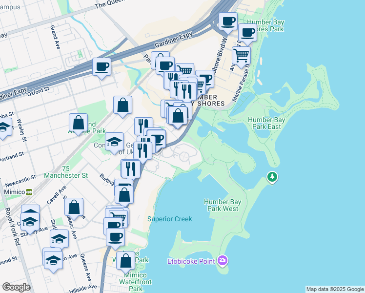 map of restaurants, bars, coffee shops, grocery stores, and more near 2261 Lake Shore Boulevard West in Toronto