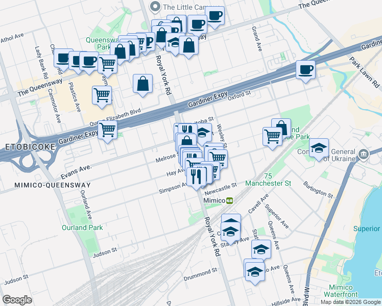 map of restaurants, bars, coffee shops, grocery stores, and more near 407 Royal York Road in Toronto