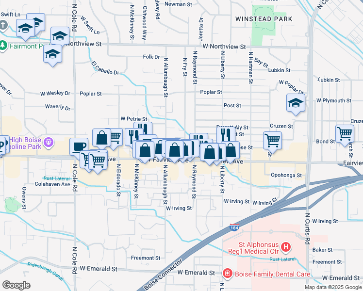 map of restaurants, bars, coffee shops, grocery stores, and more near 1623 North Fry Street in Boise