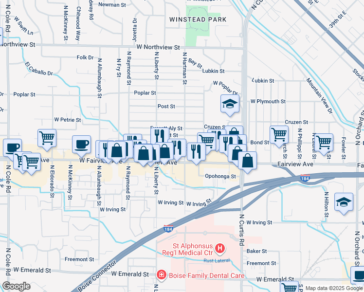 map of restaurants, bars, coffee shops, grocery stores, and more near 1703 North Hartman Street in Boise