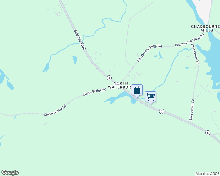 map of restaurants, bars, coffee shops, grocery stores, and more near 1 Clarks Bridge Road in Waterboro