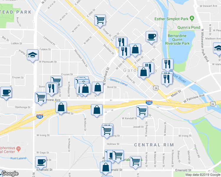 map of restaurants, bars, coffee shops, grocery stores, and more near 1621 Gordon Street in Boise