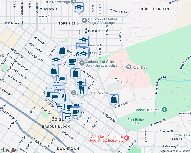 map of restaurants, bars, coffee shops, grocery stores, and more near 803 North 6th Street in Boise