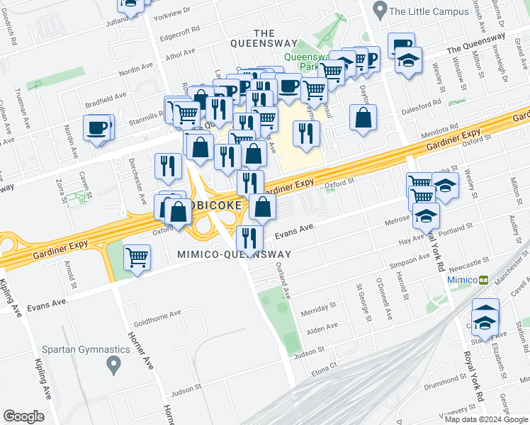 map of restaurants, bars, coffee shops, grocery stores, and more near 63 Cormier Heights in Toronto