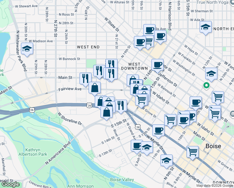 map of restaurants, bars, coffee shops, grocery stores, and more near 223 S 17th St in Boise