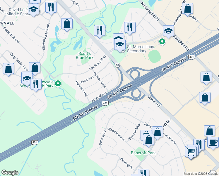 map of restaurants, bars, coffee shops, grocery stores, and more near 6544 Opera Glass Crescent in Mississauga