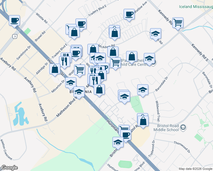 map of restaurants, bars, coffee shops, grocery stores, and more near 5602 Cortina Crescent in Mississauga