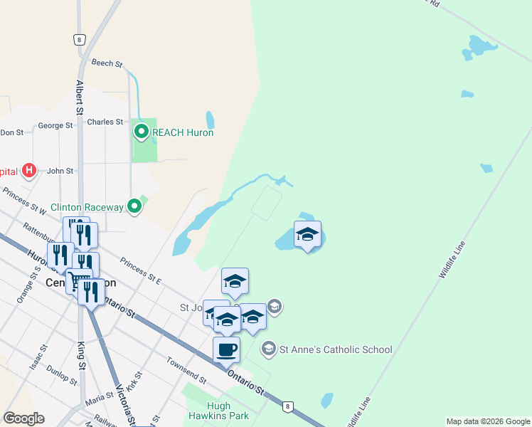 map of restaurants, bars, coffee shops, grocery stores, and more near 30 Mohawk Crescent in Central Huron