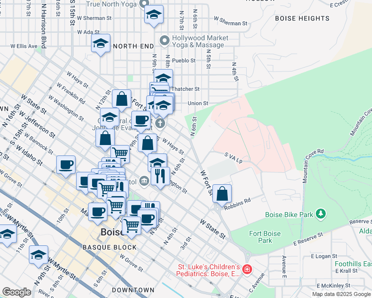 map of restaurants, bars, coffee shops, grocery stores, and more near 803 North 6th Street in Boise