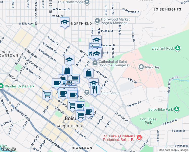 map of restaurants, bars, coffee shops, grocery stores, and more near in Boise