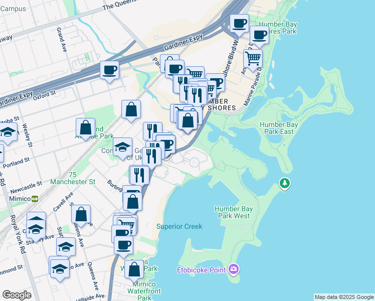 map of restaurants, bars, coffee shops, grocery stores, and more near in Toronto