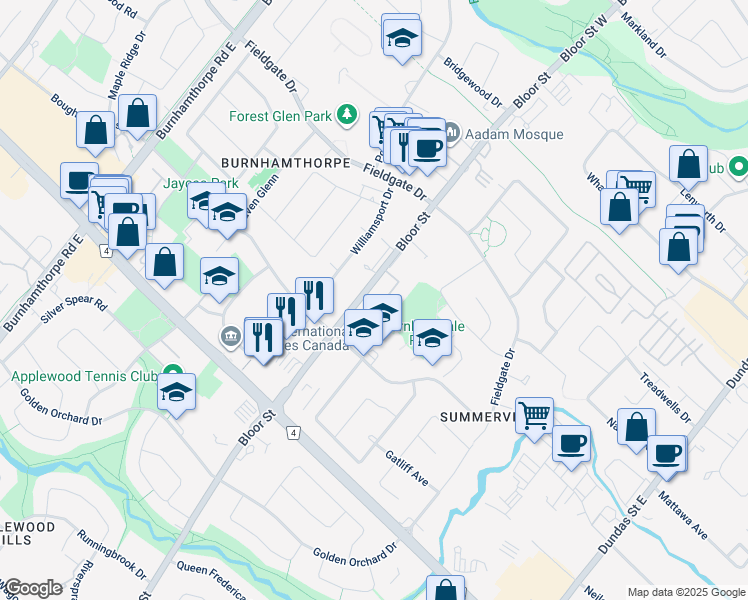 map of restaurants, bars, coffee shops, grocery stores, and more near 1560 Bloor Street in Mississauga
