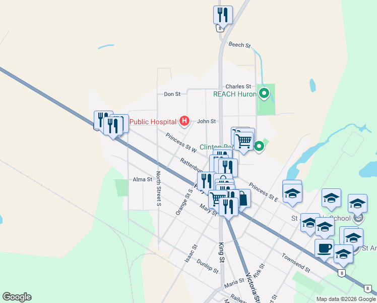map of restaurants, bars, coffee shops, grocery stores, and more near 80 Princess Street West in Clinton