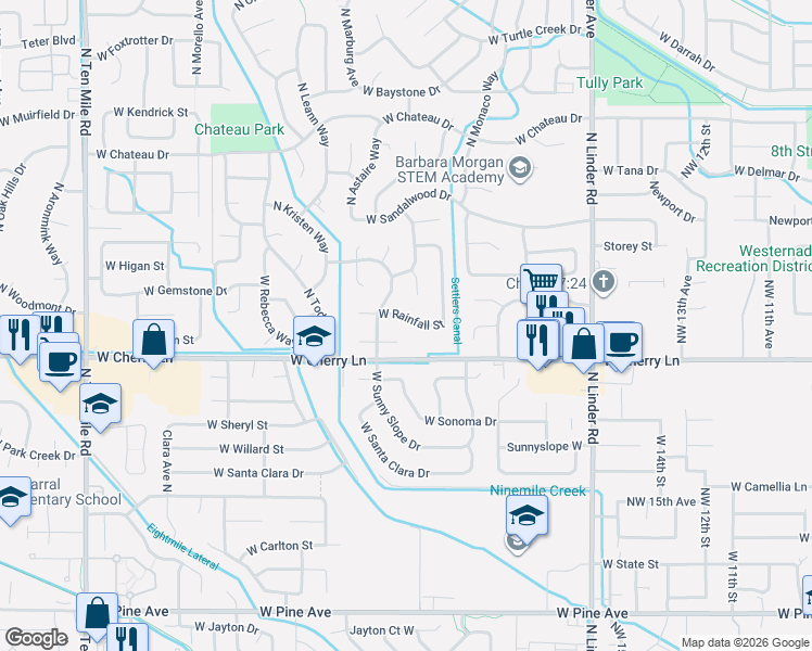 map of restaurants, bars, coffee shops, grocery stores, and more near 2308 West Rainwater Court in Meridian