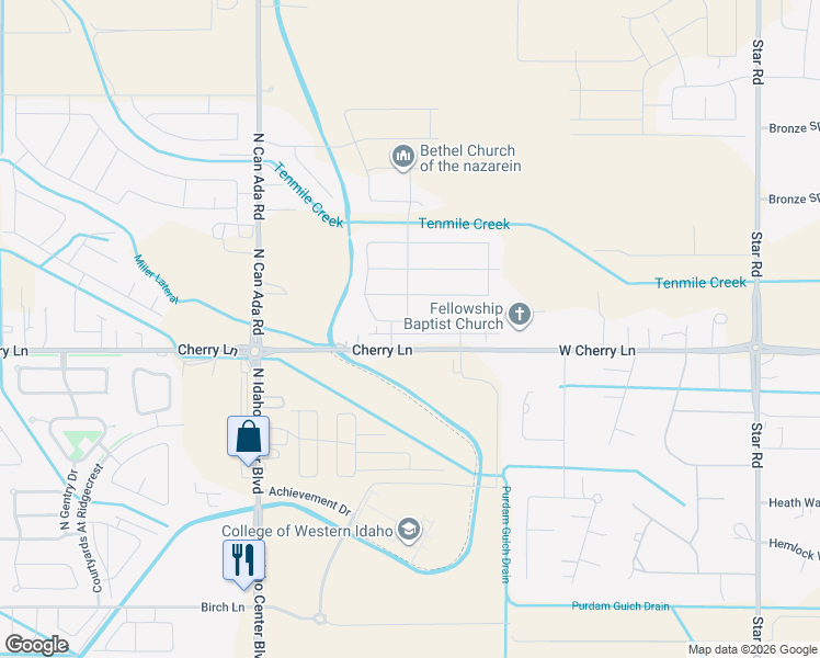 map of restaurants, bars, coffee shops, grocery stores, and more near 5644 Cherry Lane in Nampa