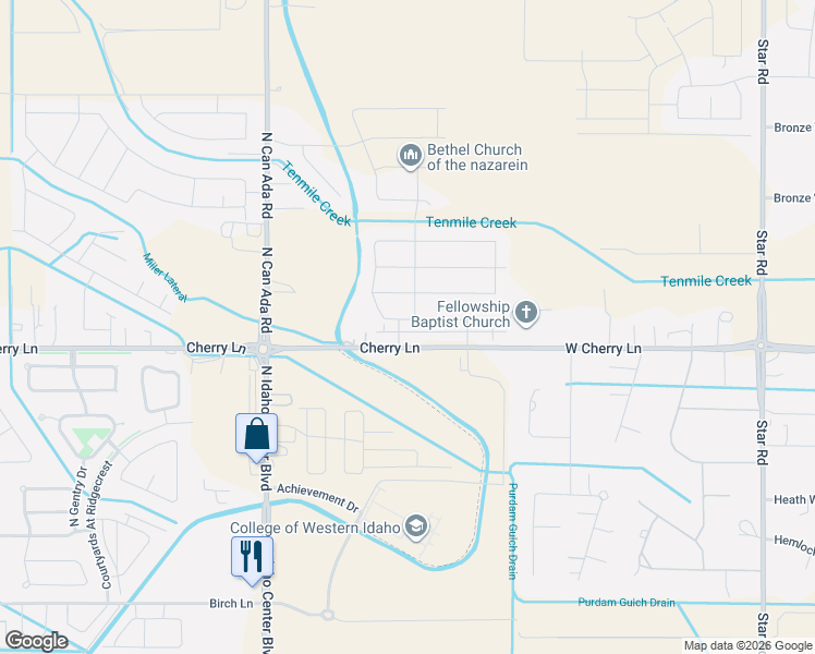 map of restaurants, bars, coffee shops, grocery stores, and more near 5720 Cherry Lane in Nampa