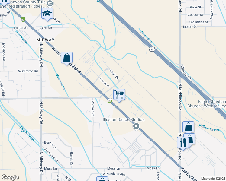 map of restaurants, bars, coffee shops, grocery stores, and more near 305 Isaiah Way in Caldwell