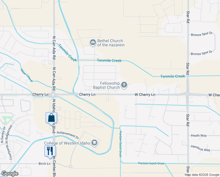 map of restaurants, bars, coffee shops, grocery stores, and more near 5578 Cherry Lane in Nampa