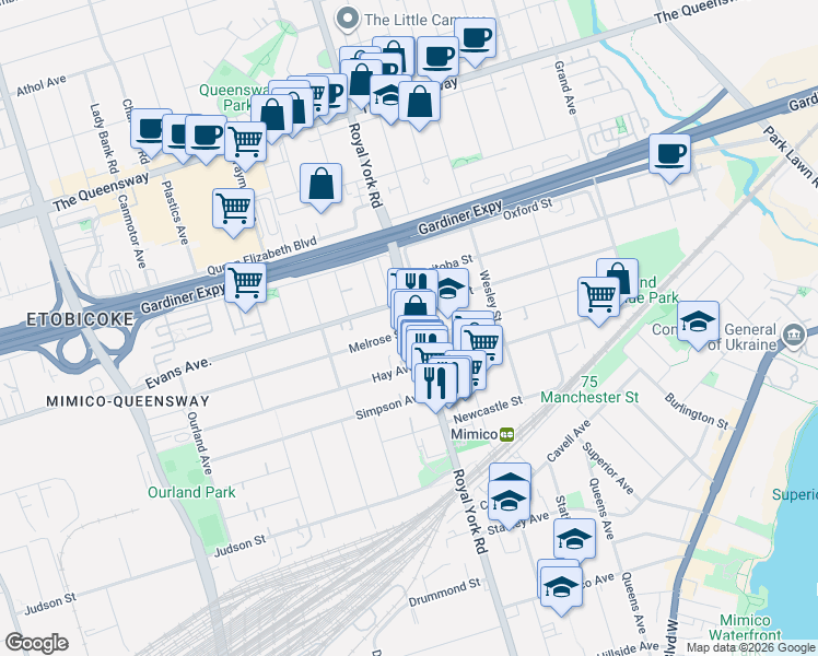 map of restaurants, bars, coffee shops, grocery stores, and more near 418 Royal York Road in Toronto