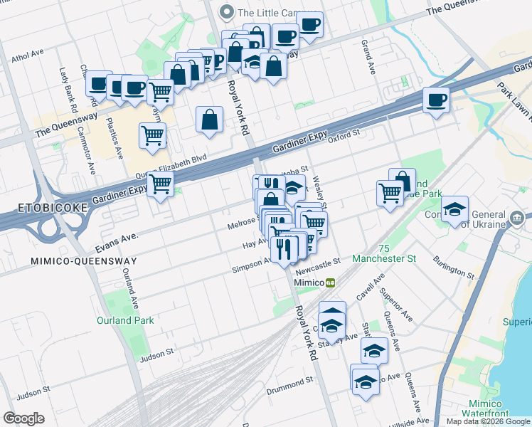 map of restaurants, bars, coffee shops, grocery stores, and more near in Toronto