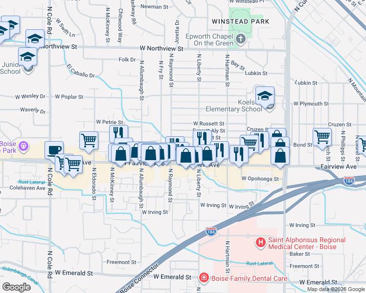map of restaurants, bars, coffee shops, grocery stores, and more near 6420 Primrose Street in Boise