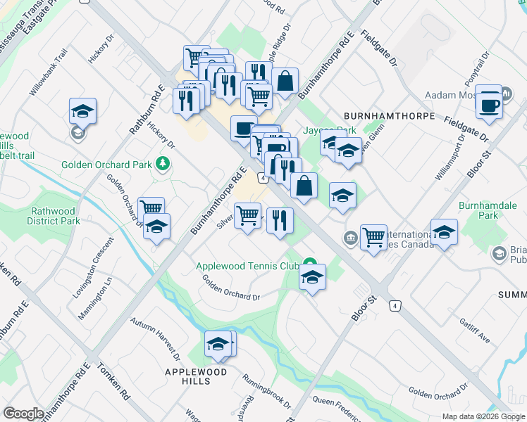 map of restaurants, bars, coffee shops, grocery stores, and more near 1355 Silver Spear Road in Mississauga