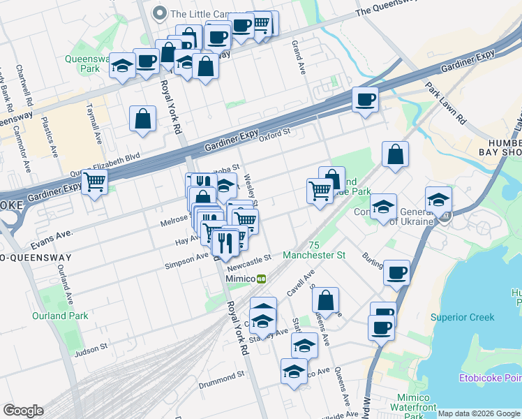 map of restaurants, bars, coffee shops, grocery stores, and more near 13 Wesley Street in Toronto