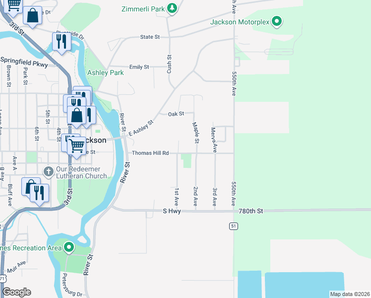 map of restaurants, bars, coffee shops, grocery stores, and more near 207 Thomas Hill Road in Jackson