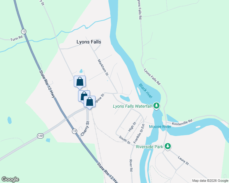 map of restaurants, bars, coffee shops, grocery stores, and more near McAlpine St in Lyons Falls