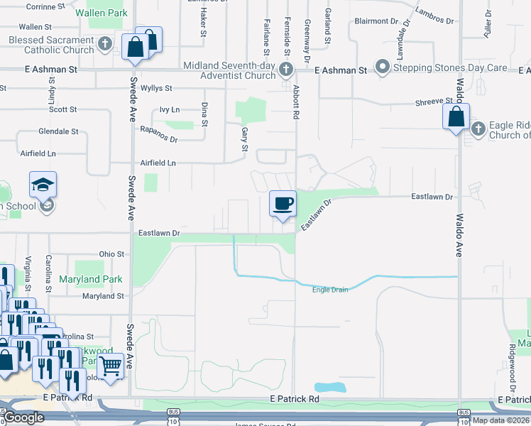 map of restaurants, bars, coffee shops, grocery stores, and more near 2408 Morning Dawn Drive in Midland