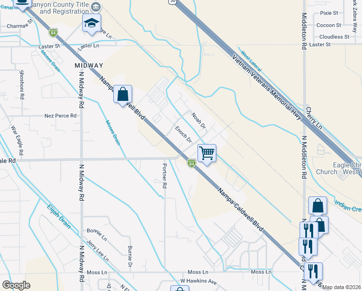 map of restaurants, bars, coffee shops, grocery stores, and more near 314 Isaiah Way in Caldwell