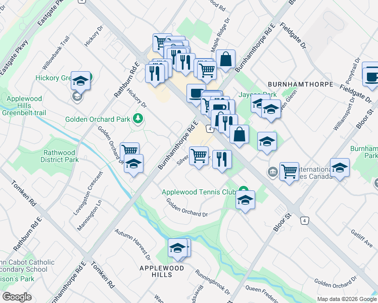 map of restaurants, bars, coffee shops, grocery stores, and more near 1315 Silver Spear Road in Mississauga