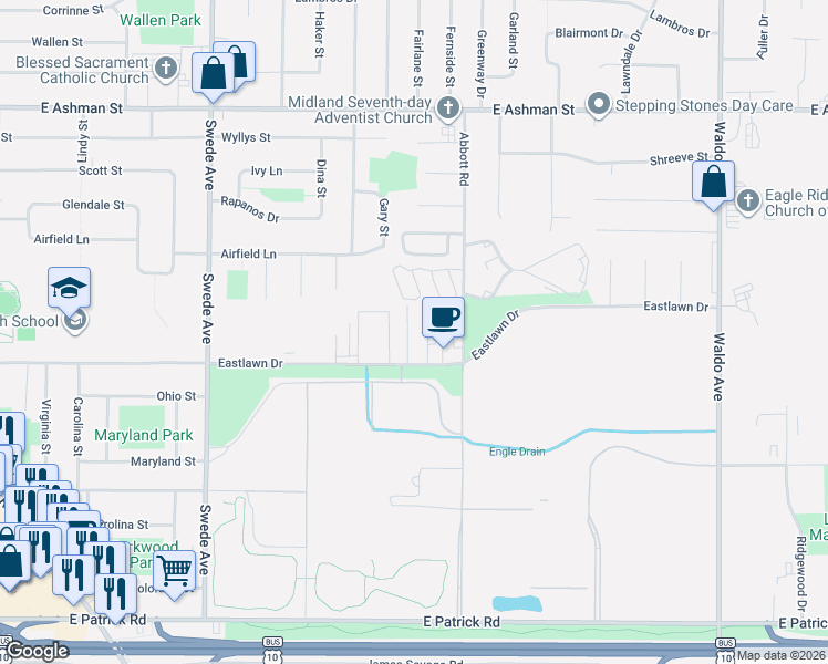 map of restaurants, bars, coffee shops, grocery stores, and more near 2408 Morning Dawn Drive in Midland