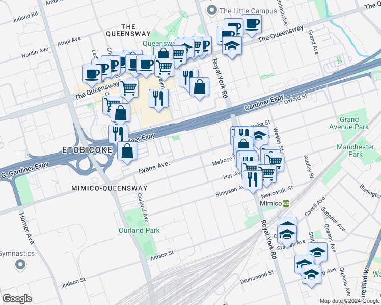map of restaurants, bars, coffee shops, grocery stores, and more near 78 Evans Avenue in Toronto