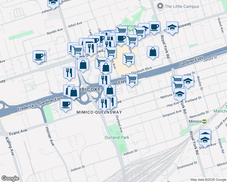map of restaurants, bars, coffee shops, grocery stores, and more near in Toronto