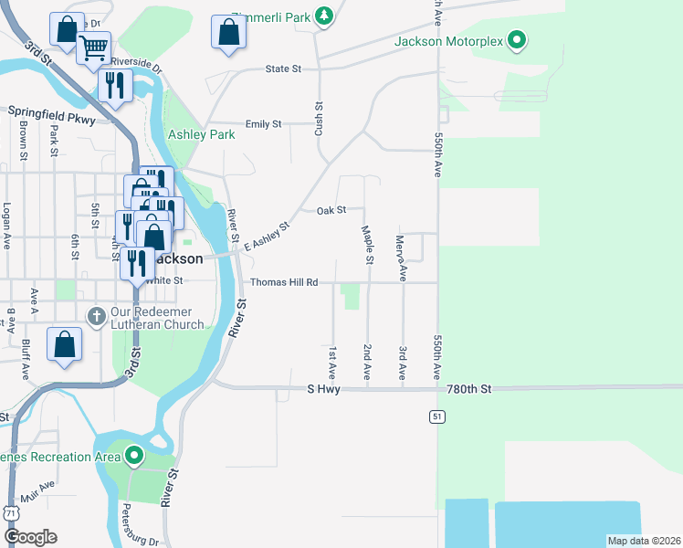 map of restaurants, bars, coffee shops, grocery stores, and more near 207 Thomas Hill Road in Jackson