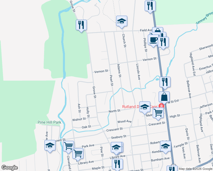 map of restaurants, bars, coffee shops, grocery stores, and more near 183 Pearl Street in Rutland