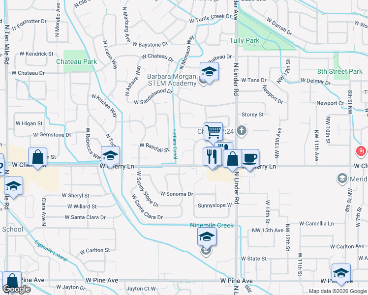 map of restaurants, bars, coffee shops, grocery stores, and more near 1947 West Silver Falls Court in Meridian