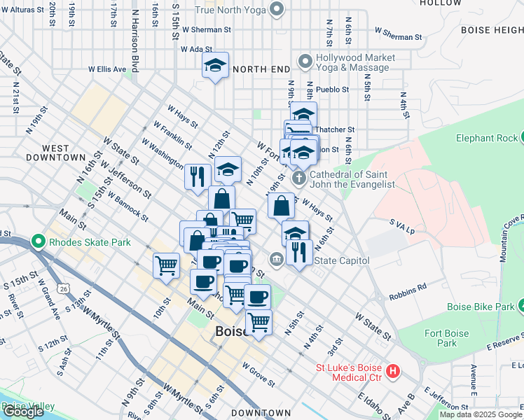 map of restaurants, bars, coffee shops, grocery stores, and more near 820 West Washington Street in Boise