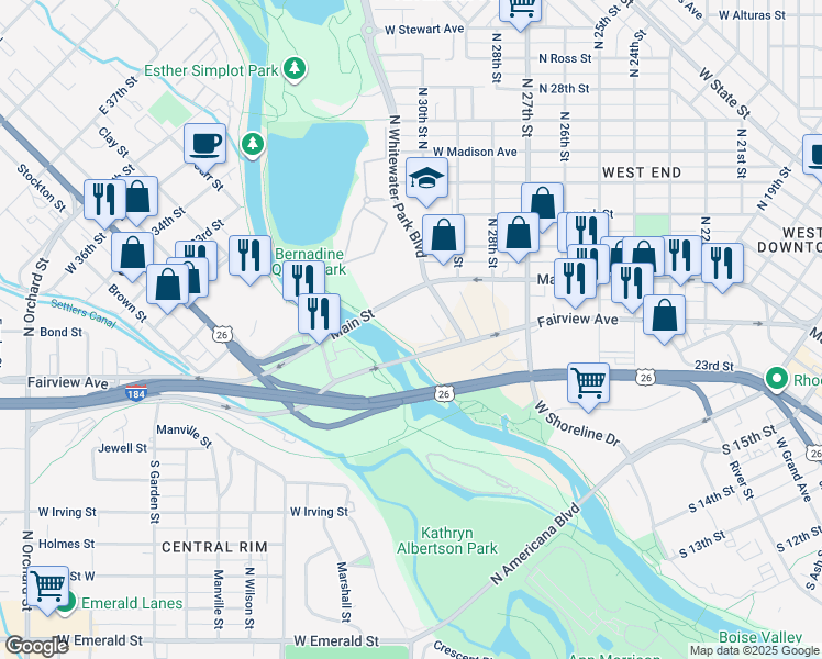 map of restaurants, bars, coffee shops, grocery stores, and more near Boise River Greenbelt in Boise