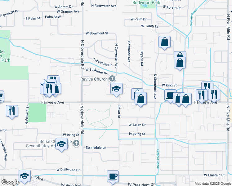 map of restaurants, bars, coffee shops, grocery stores, and more near 11811 Clover Field Lane in Boise