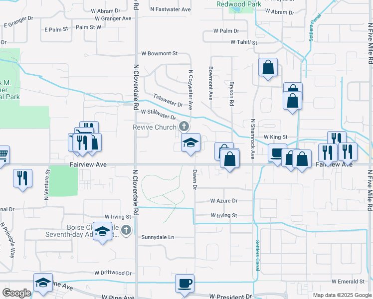 map of restaurants, bars, coffee shops, grocery stores, and more near 11811 Clover Field Lane in Boise