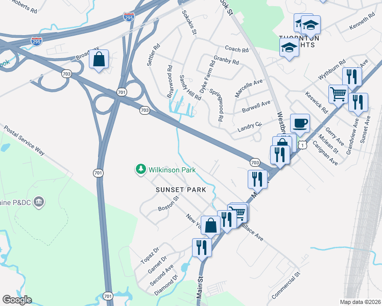 map of restaurants, bars, coffee shops, grocery stores, and more near 47 Delaware Avenue in South Portland