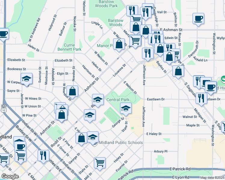 map of restaurants, bars, coffee shops, grocery stores, and more near 2410 Rodd Street in Midland