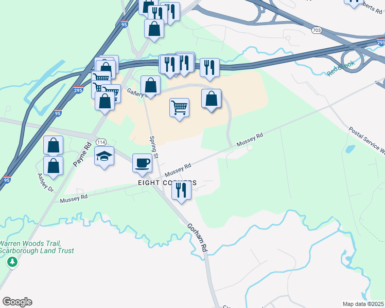 map of restaurants, bars, coffee shops, grocery stores, and more near 66 Mussey Road in Scarborough