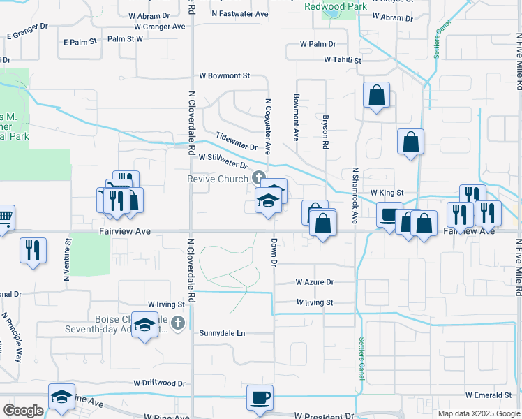 map of restaurants, bars, coffee shops, grocery stores, and more near 11854 Clover Field Lane in Boise