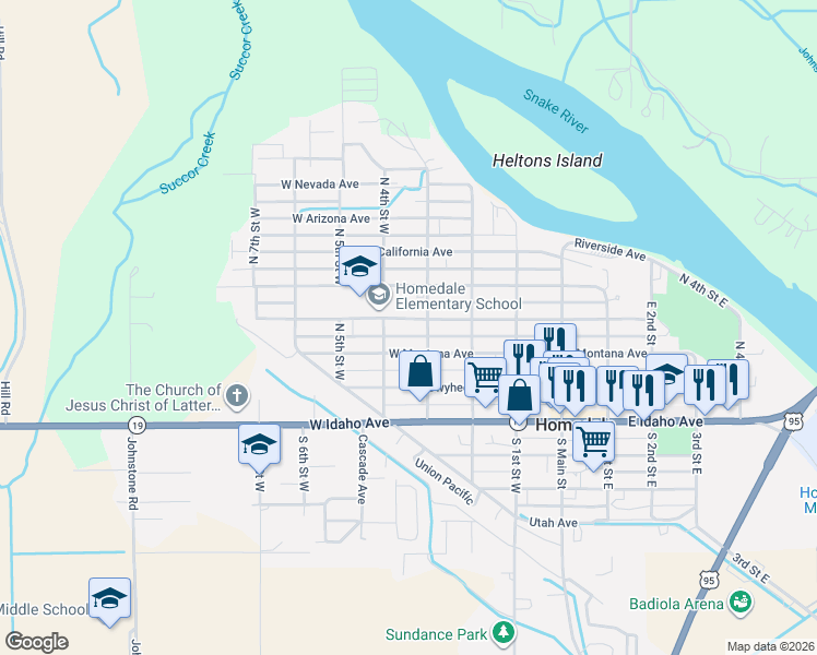 map of restaurants, bars, coffee shops, grocery stores, and more near 308 West Montana Avenue in Homedale